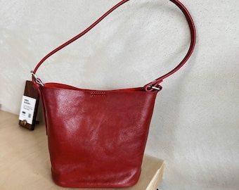 Small Leather Shoulder Bag, Minimalist Leather Bucket Bag, Genuine Leather Shoulder Bag