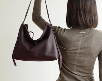 Leather Shoulder Bag, Minimal Women's Underarm Bag, Genuine Leather Hobo Bag, Commuter Bag