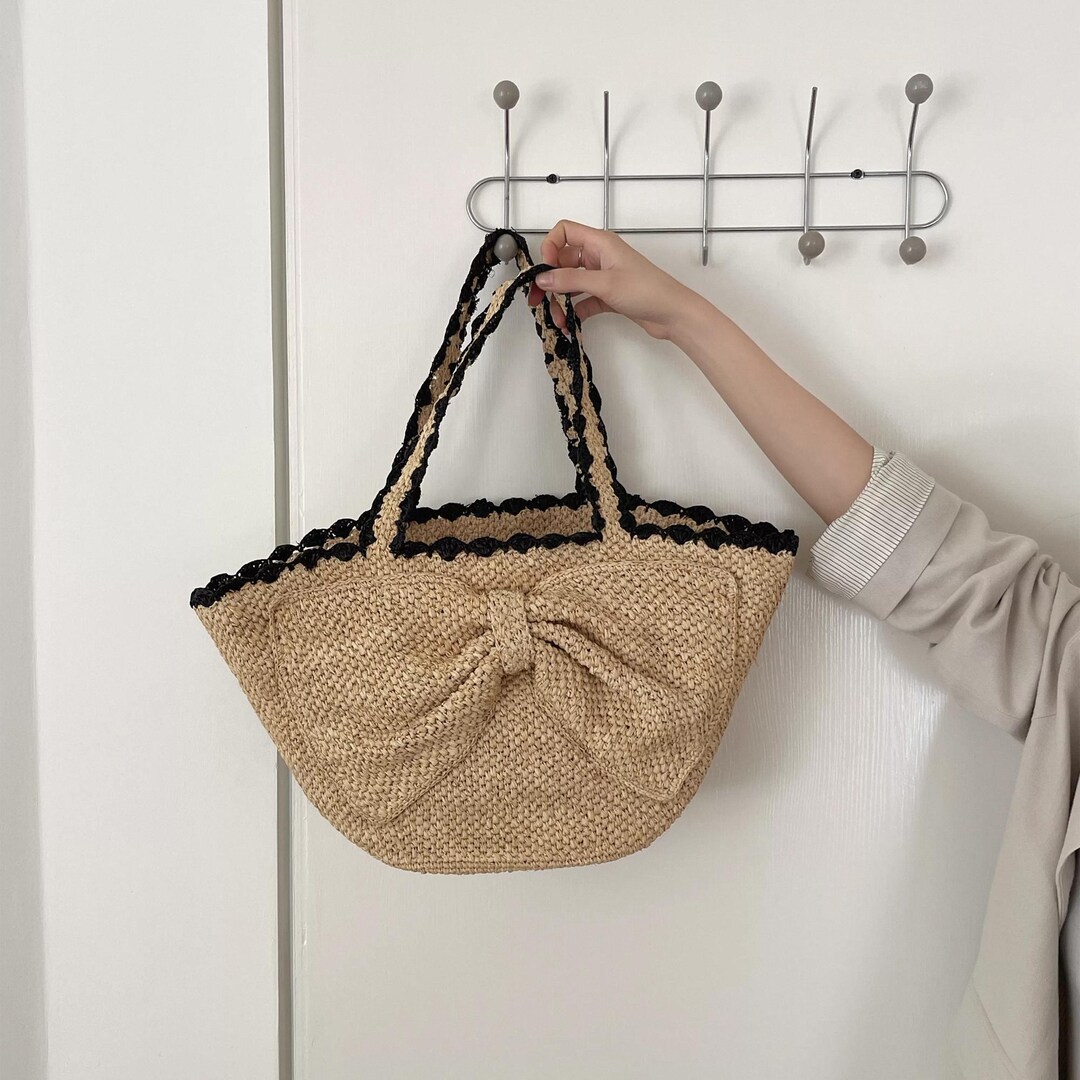 Raffia Tote Bag, Bow Straw Woven Tote Bag, Large Shoulder Bag, Vacation ...