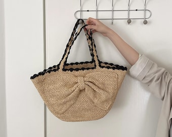 Raffia Tote Bag, Bow Straw Woven Tote Bag, Large Shoulder Bag, Vacation Beach Tote Bag