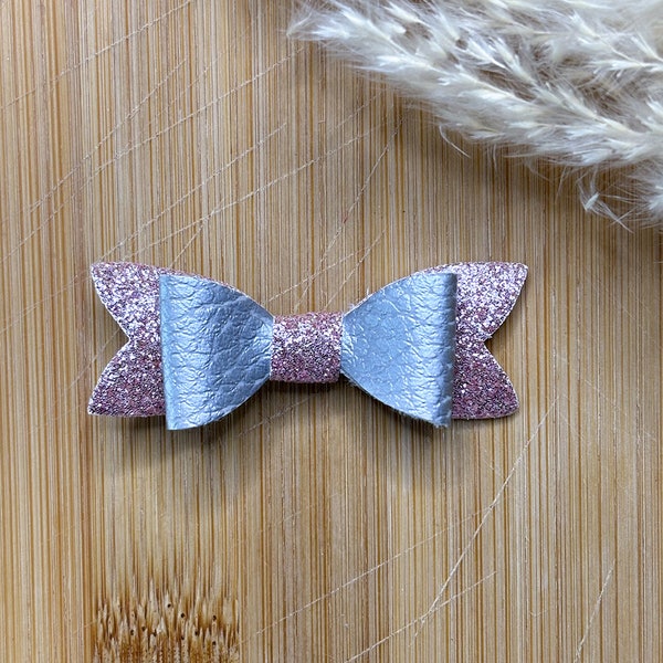 Barrette noeud argenté et rose pailleté