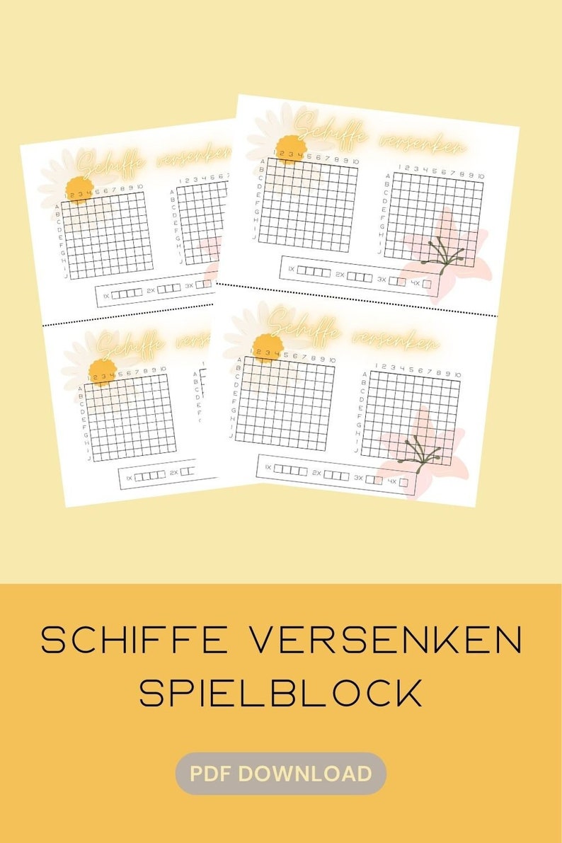 Spielblock Schiffe versenken/ Blumenmuster/ Digitaler Download/ A4 Spielblock zdjęcie 1