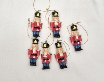 Vintage Christmas Ornaments: Set of 6 Miniature Resin Toy Soldiers 1.5” tall Red Blue with Gold Accents