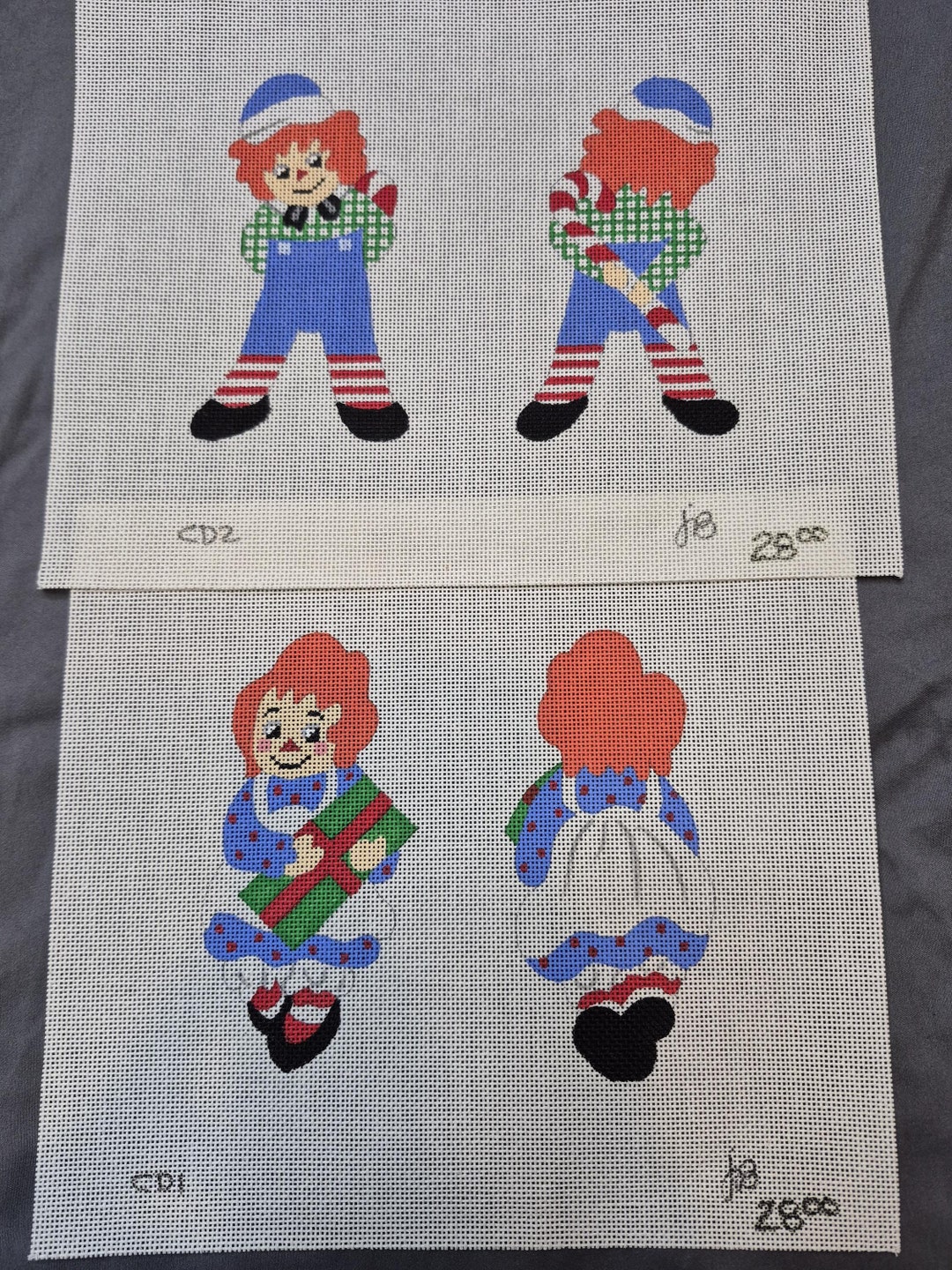 Vintage Raggedy Ann & Andy Needlepoint Canvas Ornaments - Hand