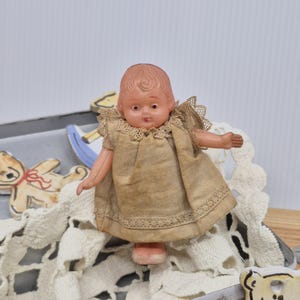 Antique Celluloid Toddler Girl Doll: 1920s Japan, Cotton Lace Dress, jointed limbs