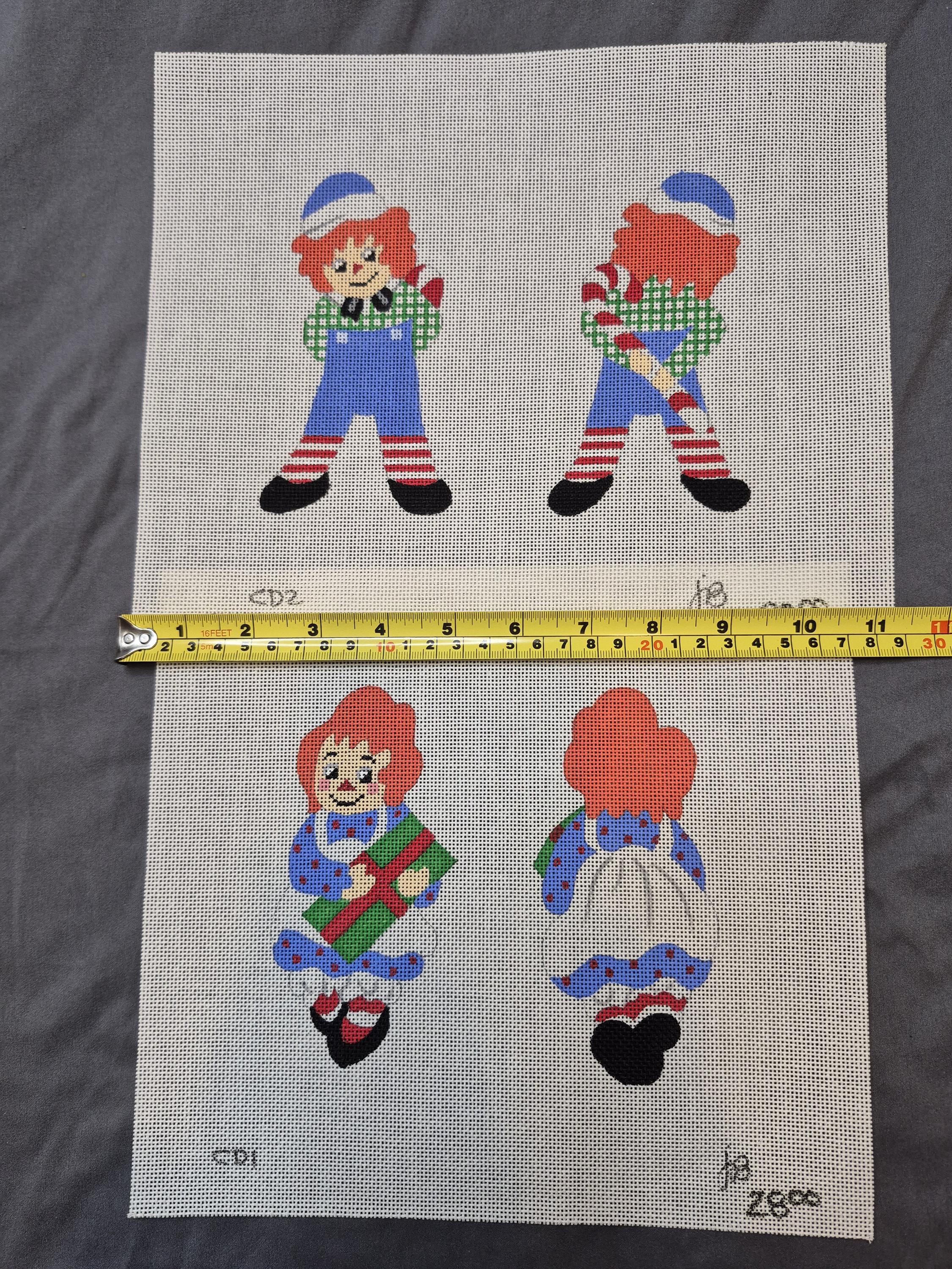 Vintage Raggedy Ann & Andy Needlepoint Canvas Ornaments - Hand
