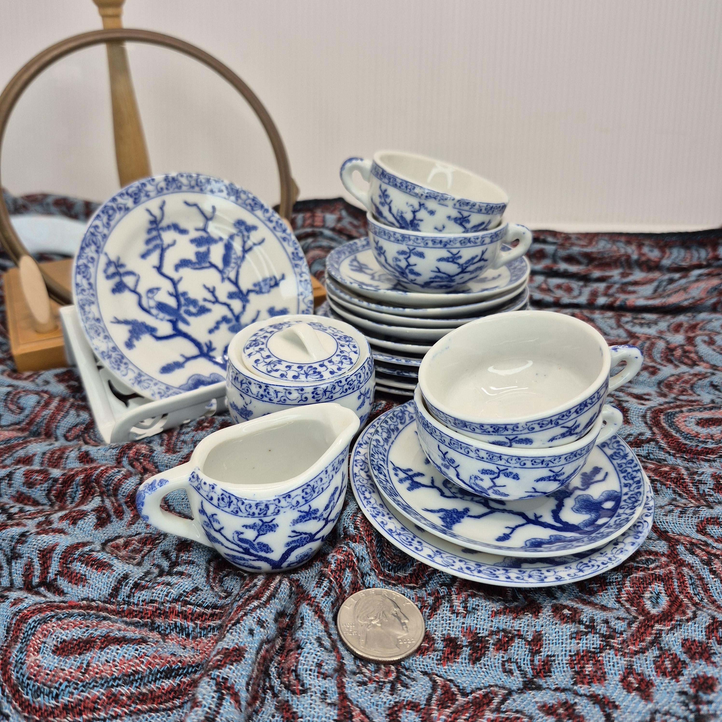 Vintage Blue Bird Tea Set: Porcelain Kids Toy, Japan (19pc 