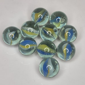Vintage Cat&#39;s Eye 3-vein MARBLE Lot of 10 - yellow - blue - white 16mm / 0.60&quot;