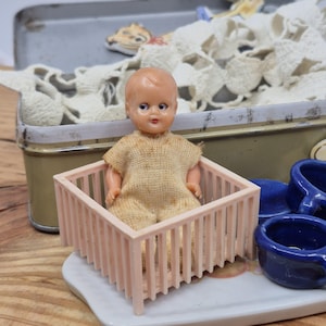Vintage little 1950s Baby Doll in Jumper w Playpen - jointed arms&legs - sleepy Blue Eyes - Hard Plastic Italy 2.75&quot; #30