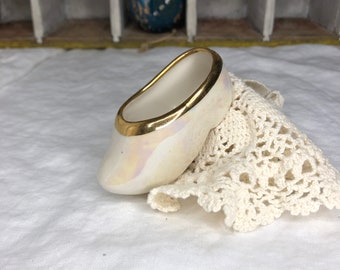 Vintage MINIATURE Dutch Clog Porcelain Shoe White&Gold Irises 3.25" wide