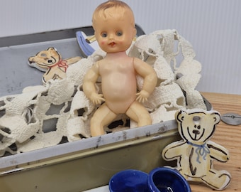 Vintage 1950s Hard Plastic Baby Doll: Sleepy Blue Eyes, Hong Kong