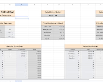 May include: A spreadsheet with a product calculator for calculating the retail price of a product. The spreadsheet includes sections for material breakdown, labor breakdown, and price breakdown. The spreadsheet shows the retail price per batch is $1,047.84 and the retail price per unit is $11.64.
