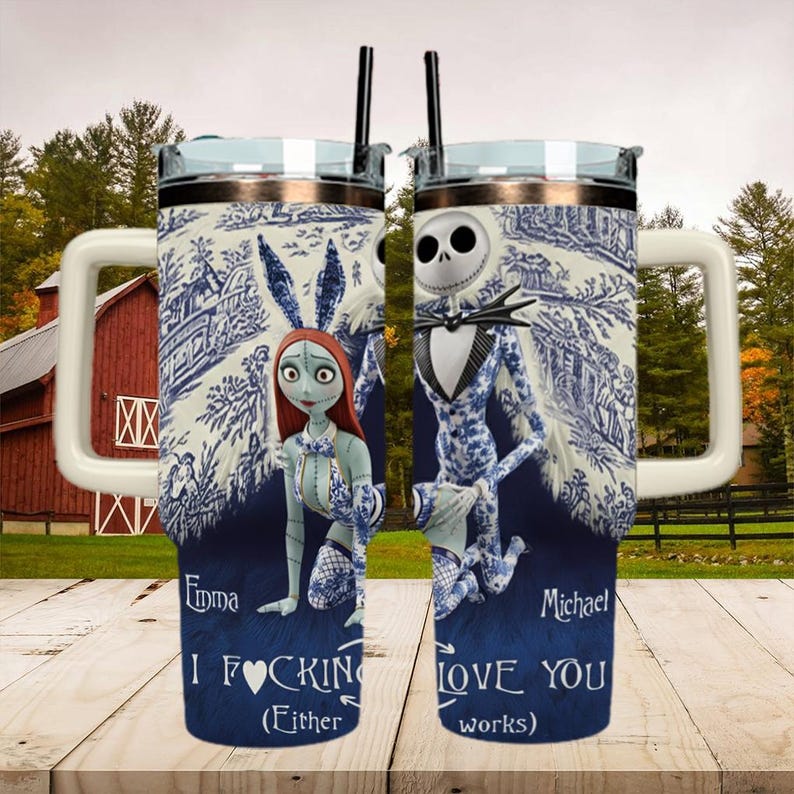 Personalized Jack Skellington & Sally Couple 40oz Tumbler With Handle, Custom Name Gothic Love Gift, Nightmare Style Mug