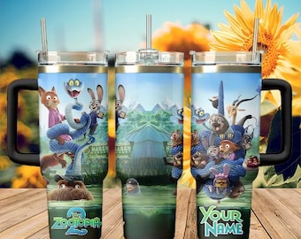 Vaso personalizado de Zootopia de 40 oz, taza de viaje con nombre personalizado, regalo de animales adorables para niños y amigos.