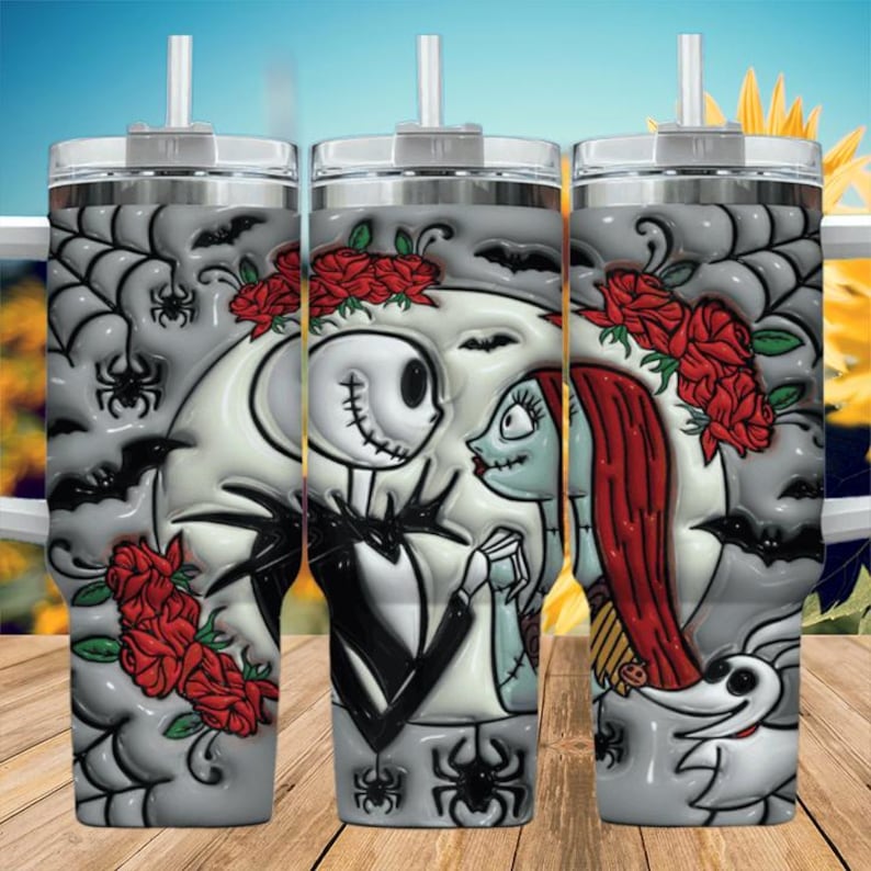 Personalized Nightmare Couple 40oz Tumbler, Gothic Love Jack And Sally Skinny Tumbler, Custom Halloween Gift For Couples