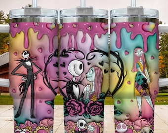 Personalized Nightmare Couple 40oz Tumbler, Jack And Sally Love Design, Custom Halloween Valentine Gift For Couples