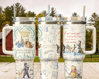 Spersonalizowany kubek podróżny Kubuś Puchatek o pojemności 40 uncji, słodki miś z przyjaciółmi, spersonalizowany prezent z imieniem dla mamy i dziecka na Boże Narodzenie