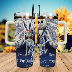 Personalized Jack Skellington & Sally Couple 40oz Tumbler With Handle, Custom Name Gothic Love Gift, Nightmare Style Mug