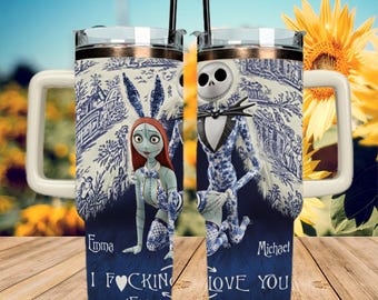 Personalized Jack Skellington & Sally Couple 40oz Tumbler With Handle, Custom Name Gothic Love Gift, Nightmare Style Mug