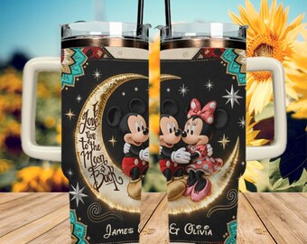 Gobelet personnalisé Mickey et Minnie Love 40 oz avec anse, cadeau pour couple avec prénom personnalisé, tasse Vers la lune et dos