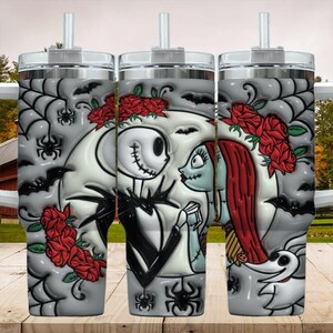 Personalized Nightmare Couple 40oz Tumbler, Gothic Love Jack And Sally Skinny Tumbler, Custom Halloween Gift For Couples