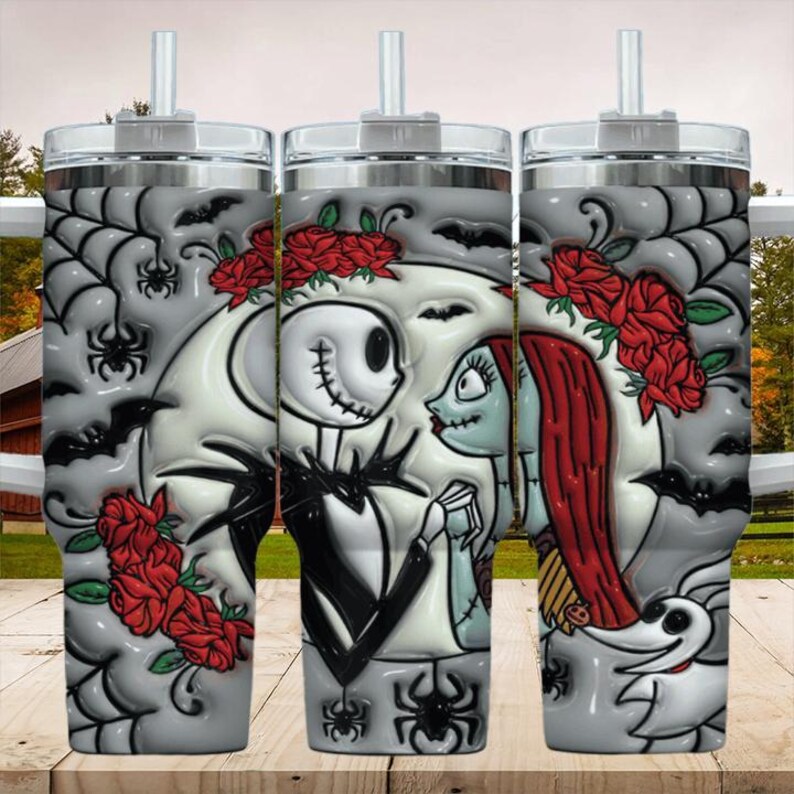 Personalized Nightmare Couple 40oz Tumbler, Gothic Love Jack And Sally Skinny Tumbler, Custom Halloween Gift For Couples