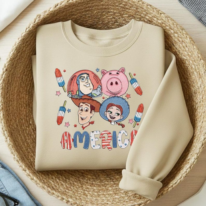 Toy Story 4th of July Embroidered Sweatshirt, Buzz Woody Jessie Patriotic Crewneck, America USA Independence Day Embroidered Hoodie