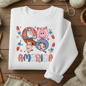 Toy Story 4th of July Embroidered Sweatshirt, Buzz Woody Jessie Patriotic Crewneck, America USA Independence Day Embroidered Hoodie