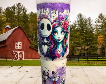 Custom Name Sally and Jack Skellington 40oz Tumbler With Handle, Gothic Couple Halloween Christmas Stainless Steel Cup