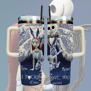 Personalized Jack Skellington & Sally Couple 40oz Tumbler With Handle, Custom Name Gothic Love Gift, Nightmare Style Mug