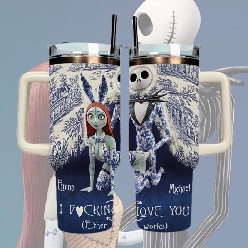 Personalized Jack Skellington & Sally Couple 40oz Tumbler With Handle, Custom Name Gothic Love Gift, Nightmare Style Mug