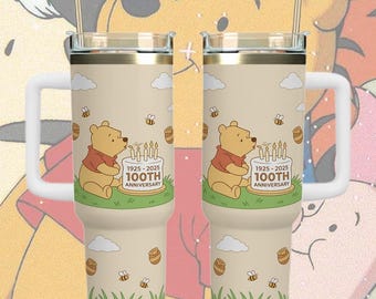 Vaso de 100.º aniversario de Winnie the Pooh de 40 oz, taza de viaje de Pooh, vaso de oso, taza con diseño de globo, regalo de cumpleaños y aniversario