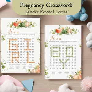 Woordzoekactiviteit geslacht onthullen, babyshowerspel - jongen of meisje kruiswoordpuzzel, It's a Boy, It's a Girl, pompoen
