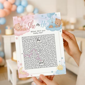 Juego de laberinto para revelar el sexo del bebé con ositos de peluche (plantilla editable de Canva)
