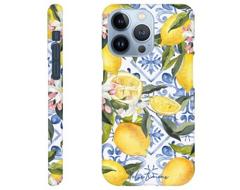 Custodia sottile per iPhone con limoni su piastrelle blu