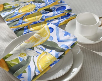 Ensemble de serviettes en tissu citrons siciliens sur carreaux bleus