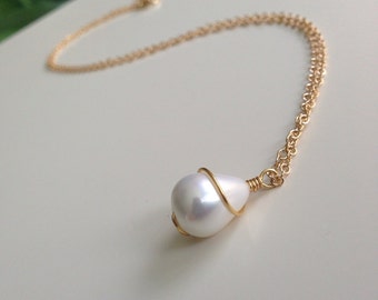 Wire Wrapped Teardrop Sea Shell Pearl 14K Gold Filled Chain Necklace