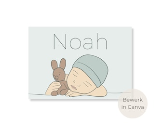 Geboortekaartje digitale download | Handgemaakte Lijntekening Baby Knuffel Jongen Geboorte Kaartje | Line art | Canva template