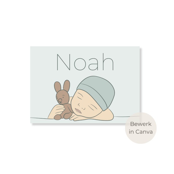 Geboortekaartje digitale download | Handgemaakte Lijntekening Baby Knuffel Jongen Geboorte Kaartje | Line art | Canva template