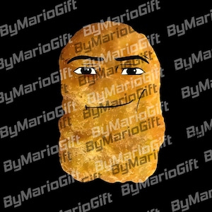 Puede incluir: Una pepita de pollo de color marrón dorado con una cara sonriente dibujada. La cara tiene cejas, ojos y una boca curvada de color negro. El fondo es negro con el texto "ByMarioGift" repetido en diagonal.