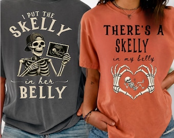 There's A Skelly in my belly Shirt, I Put The Skelly in her Belly Tee, Halloween Skeleton Couple Hoodie, Gothic Ultrasound Sweatshirt
