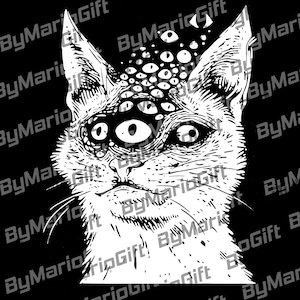 May include: A black and white illustration of a cat's face with multiple eyes. The cat has a detailed, slightly unsettling design, with eyes of varying sizes and shapes. The image has a surreal, artistic quality.