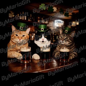 May include: Three cats wearing green St. Patrick's Day hats sit at a bar with pints of dark beer. An orange tabby, a black and white cat, and a gray tabby are featured in this festive illustration.