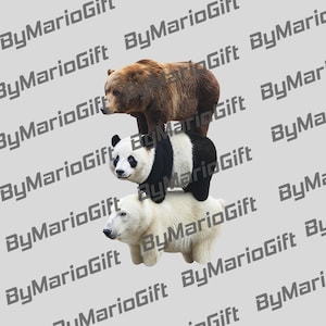 May include: A brown bear, a panda with black and white markings, and a white polar bear stacked on top of each other. The image has a light gray background with the text "ByMarioGift" repeated diagonally.