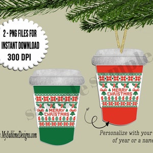 Para ir Design em branco de sublimação de café Suéter feio vermelho e verde Personalize com nome ou logotipo da cafeteria Manga de café enfeite de Natal