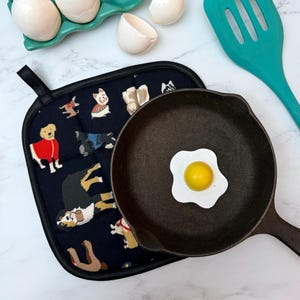 May include: A black cast iron skillet with a fried egg, a navy blue pot holder with dog illustrations, a teal spatula, and a green egg tray with eggs and eggshells.