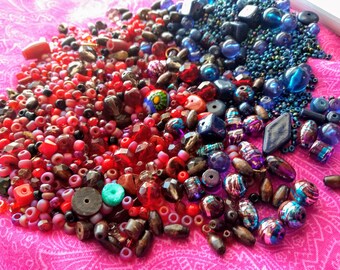 Bead Lot, Beading Supplies, Lot of 300 Plus, Destash, Assorted Beads Lot, Seed, Rounds, Bead Pack, Reds Purples and Blues,