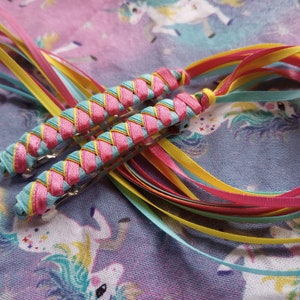 Braided Ribbon Barrettes / Set of Two in Hot Pink, Yellow and Teal image 1