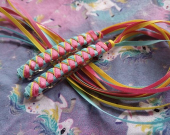 Braided Ribbon Barrettes / Set of Two in Hot Pink, Yellow and Teal