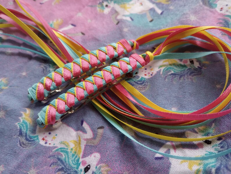 Braided Ribbon Barrettes / Set of Two in Hot Pink, Yellow and Teal image 1